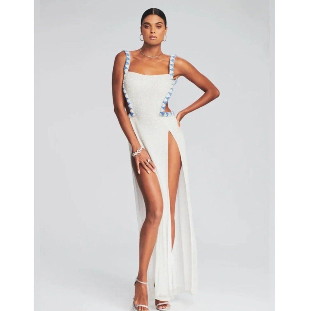 Retrofête White Beaded Thessa Dress Open Back Embellished Formal Gown Size S